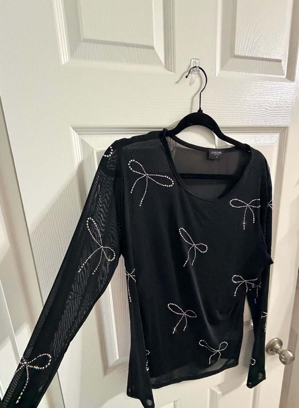 Y2K Rhinestone Bow Mesh Top Black Gemstone Long Sleeve Baby Tee